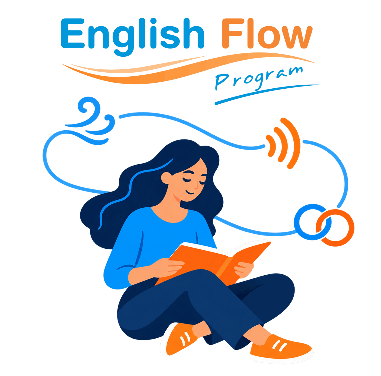 Ilustración de una persona leyendo, acompañada por una línea que representa el recorrido de English Flow Program